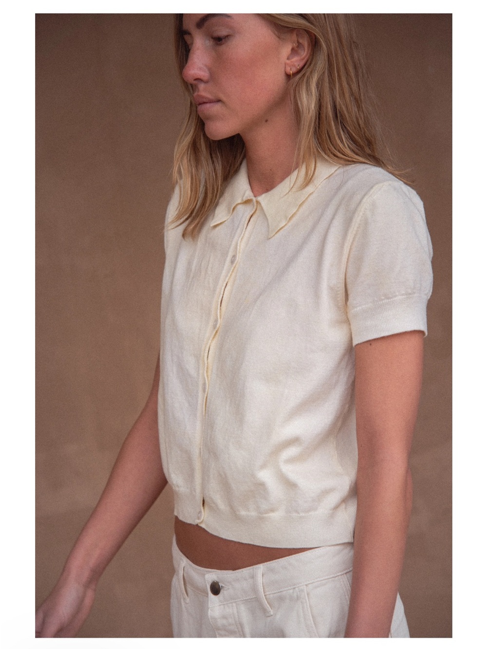 Sonderhaus Lucy Sweater size Small Cream Short-Sleeve Button-Front Knit Shirt